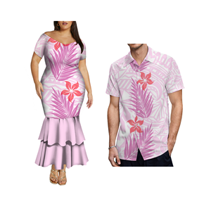 Venta al por mayor personalizado a juego ropa de pareja señora fuera del hombro polinesio estampado sirena vestido de graduación y Plus tamaño Aloha hombres camisa - Product Image 2