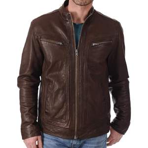 Chaqueta de cuero Cafe Racer para hombre, cuello redondo, corte ajustado, estilo motociclista, para uso casual en invierno. - Product Image 2