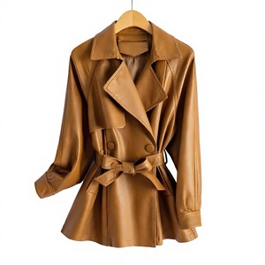 <b>Women</b> PU Leather Logo Breathable Double Breasted Waist-Tied Eco-Friendly Jacket <b>Women</b> Loose Black Brown Woven <b>Coat</b> <b>Spring</b> wear - Product Image 2