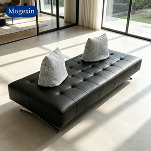 Modern Black PU Leather Two Seat <b>Bench</b> Sofa Tufted Daybed <b>Metal</b> Base Sponge Filled Durable Eco-Friendly for Living Room Lobby - Product Image 1