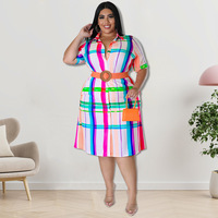Robes d'automne grande taille de haute qualité pour femmes, robe chemise décontractée à manches courtes à carreaux, robe de bureau pour femme avec ceinture