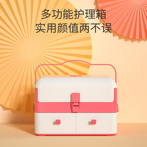 Baby Care Storage Box <b>Large</b> <b>Square</b> Pink Double Layer Portable Travel Medicine Box For 0-24 Months - Product Image 1