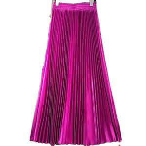 Falda Midi de Satén con Corte en A para Mujer, Cintura Alta Elástica con Perlas, Diseño Plisado Brillante y Elegante para Primavera - Product Image 4