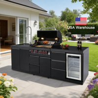 Cuisine extérieure barbecue 4 brûleurs : Acier inoxydable noir, banc en pierre, réfrigérateur, évier