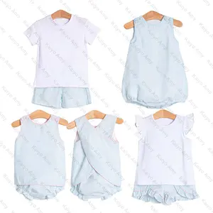 new 2024 summer outfits seersucker mint stripe kids girls clothing set matching baby boy romper