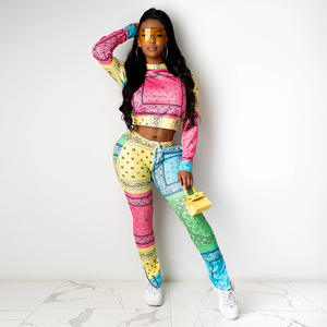 Completo da <span class=keywords><strong>Donna</strong></span> Europeo e Americano <span class=keywords><strong>con</strong></span> Top a Maniche Lunghe e <span class=keywords><strong>Pantaloni</strong></span> Casual <span class=keywords><strong>con</strong></span> Vita Elastica e Stampa - Product Image 4