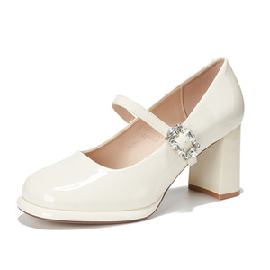 Escarpins Mary Jane à bout rond en cuir verni avec talon carré et strass, chaussures à talons hauts pour femmes - Product Image 5