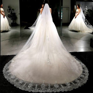 Car Bone Sequin Shimmer Bride Wedding Veil Fancy Embroidery Ins Long Trailing French Lace Bridal Ivory Veil - Product Image 1