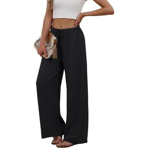 Pantalon large pour femme, taille haute, cordon de serrage, taille élastique, pantalon palazzo fluide avec poches, respirant, pour l'été, la plage, les vacances - Product Image 4