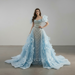 Robes de soirée bleu clair à porter de deux façons, ornées de cristaux et de perles 3D, élégantes robes de soirée formelles pour mariages Rsm251104 - Product Image 1