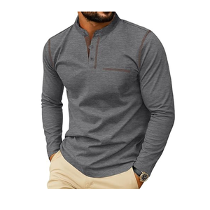 Camisa de manga larga para Hombre | Elegante cuello mandarín Casual botón superior transpirable secado rápido patrón sólido | algodón tejido personalizado - Product Image 5