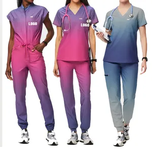 Women gradient print one piece nursing 92 polyester 8 spandex sunrise oversized scrubs top pants two piece Hospital UNIFORM