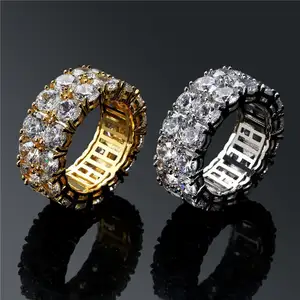 2 Row Iced Out Zircon Round AAA Cubic Zircon Ring For Men Women Hip Hop Jewelry