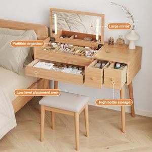 Grand bureau de maquillage en bois massif avec miroir rabattable 4 tiroirs 3 modes d'éclairage <span class=keywords><strong>dressing</strong></span> de couleur bois <span class=keywords><strong>original</strong></span> - Product Image 1