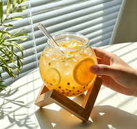 Mug à paille en verre borosilicate fait main, design classique, 350 ml, résistant à la chaleur, transparent, avec support en bois, compatible lave-vaisselle, pour thé glacé