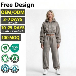 LEDUO Custom <b>Women</b> Set Washed Cropped Zip Hoodie Wide Leg Trousers <b>Women</b> Garment Soft Daily Casual <b>Outfit</b> - Product Image 1
