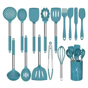 YiHai Outils de cuisine Ensemble d'ustensiles de cuisine en silicone et en bois Ensemble d'ustensiles en nylon et acier inoxydable 12 pièces Bleu