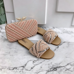 Ensemble de sac à main et sandales plates de luxe pour femmes, orné de perles et de strass, élégant pour les soirées, les mariages et les fêtes - Product Image 6