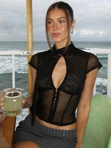 596 Spring New Women's <b>Personalized</b> Breasted Slim Fit Sey Ollowed Out Stand up Collar Sort Sleeved Tsrt - Product Image 2