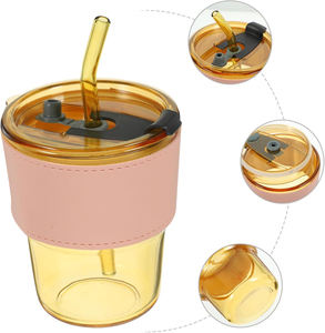 Coffee <b>Cup</b> <b>with</b> Lid and <b>Straw</b> Leakproof Tea <b>Cups</b> <b>Reusable</b> Travel Coffee Tea Portable Glass - Product Image 3