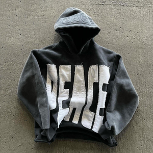 Felpa con Cappuccio Personalizzata in Stile Streetwear, Effetto Vintage con Ricami e Lavaggio Acido, in Cotone French Terry, Taglio Corto e Oversize con Applicazioni per <span class=keywords><strong>Uomo</strong></span> - Product Image 1