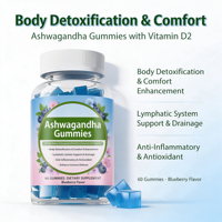 Bonbons gélifiés à l'extrait de racine d'ashwagandha haute puissance OEM, enrichis en vitamine D2, pour hommes, femmes et adultes. Non recommandé aux femmes enceintes. Soutien musculaire.