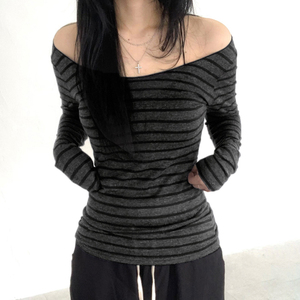 INS Style <b>Off</b> Shoulder <b>Striped</b> Slim Fit Long Sleeve Top Y2K Minimalist Streetwear Bodycon Tee - Product Image 1