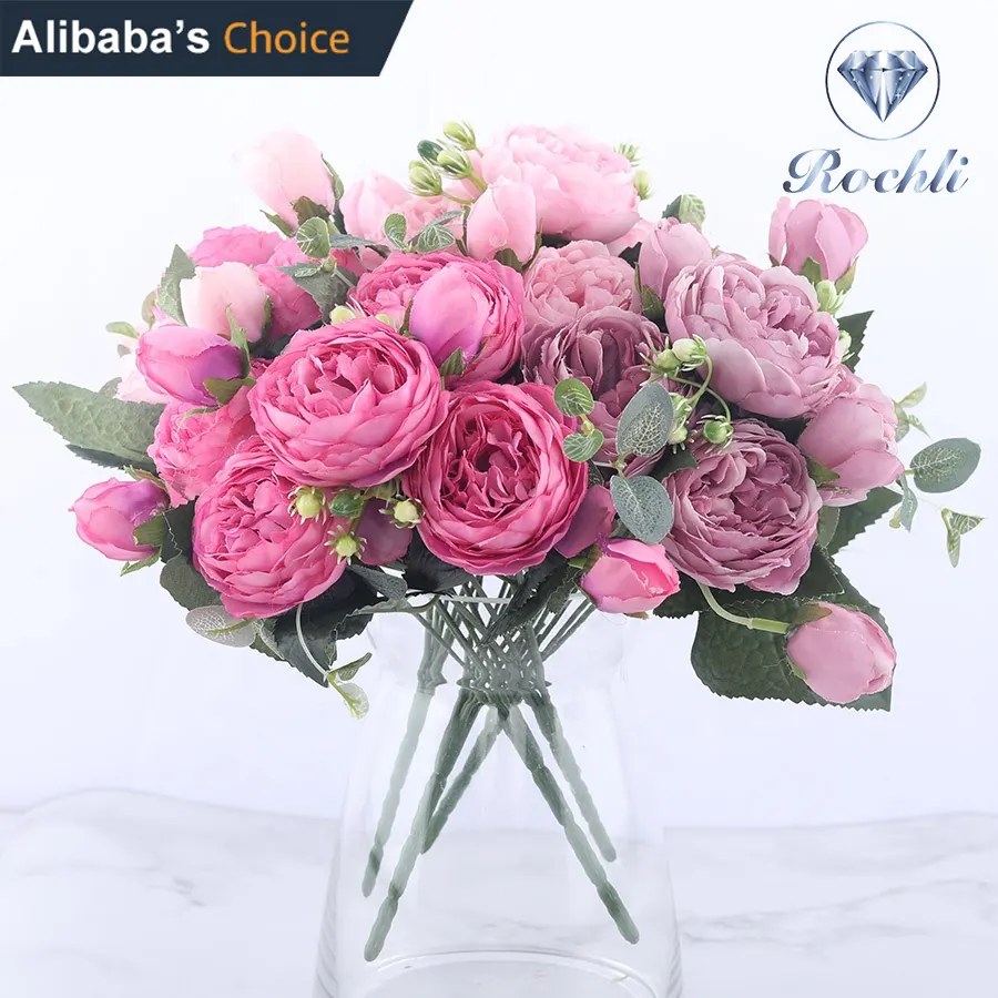 Amazon Offre Spéciale Rose Rose En Soie Pivoine Bouquet Fleurs Artificielles Fleurs Bon Marché Pour la maison Fleurs Décoratives De Mariage