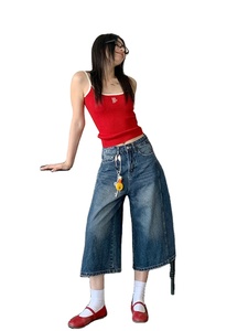 Jean en denim taille haute vintage américain coupe ample et droite pour <span class=keywords><strong>femme</strong></span>, idéal pour les silhouettes petites et en forme de poire, style streetwear estival - Product Image 5