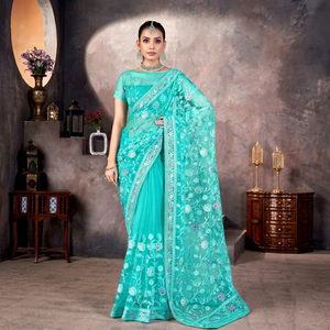 Conjunto de Blusa y Saree Tradicional Verde, de Secado Rápido, Largo hasta el Suelo, con Estampado Floral, Estilo Indio-Pakistaní, para Fiestas y Bodas - Product Image 1