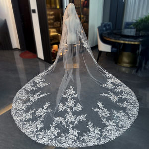 Voile de mariée ROMANTIC à une seule couche, longue et à grande traîne, en dentelle florale, super brillante - Product Image 2