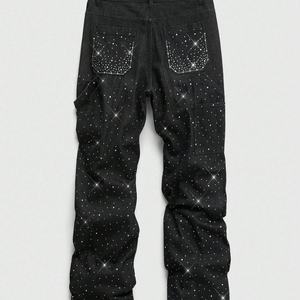 Pantalones Vaqueros de Pierna Recta con Lavado Vintage y Efecto Desgastado, Estampado Personalizado con Pedrería, Jeans Acampanados para Hombre, de Fabricante de Ropa Urbana - Product Image 2