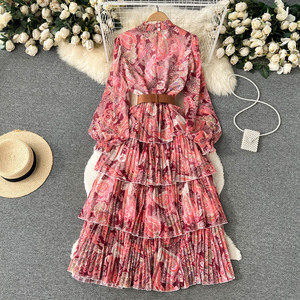 Robe longue à col montant en maille à manches longues à volants imprimée à <span class=keywords><strong>taille</strong></span> unique, robe ample à manches lanternes, robe longue à volants - Product Image 6