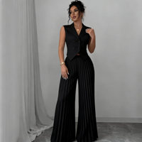 Combinaison pour femme sur mesure OEM ODM, design personnalisé, sans manches, veste à double boutonnage, pantalon plissé à jambes larges, ensemble formel pour le bureau ou les soirées