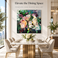 Peinture florale impressionniste d'hôtel, nature morte, pêches, roses, fleurs roses et blanches, toile verte foncée, art mural