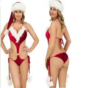 Рождественское сексуальное нижнее белье с шапкой, трёхконечный комплект нижнего белья