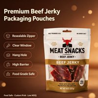 Sachet Doypack Personnalisé pour Bœuf Séché, Refermable avec Fermeture Éclair, Fenêtre Transparente, Trou de Suspension, Haute Barrière, Qualité Alimentaire, pour Viande et Snacks