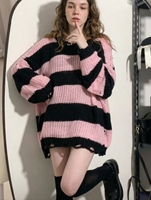 Pull en maille chic rayé et déchiré - Pull ample et décontracté pour femme, haut tendance automne/hiver avec déchirures et blocs de couleurs audacieux