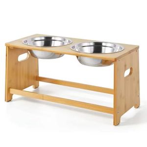 Bamboo and wood <b>tall</b> pet feeding stand, movable stainless steel double bowl food bowl stand, cat and dog dining <b>table</b>. - Product Image 5