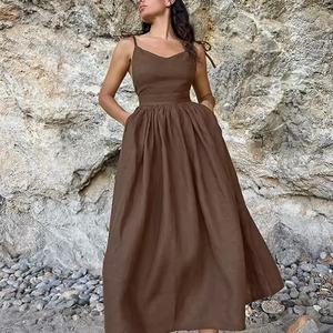 Vestido Midi Casual de Lino y Algodón de Lujo para Mujer, Estilo Bohemio, Color Sólido, para Vacaciones de Verano, Venta al Por Mayor, Personalizable, de Alta Calidad - Product Image 1