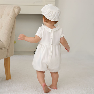 Accepter des vêtements personnalisés pour bébé, robe de baptême pour garçon, barboteuse et chapeau, ensemble de 2 pièces, <span class=keywords><strong>tenue</strong></span> de baptême en satin blanc - Product Image 4