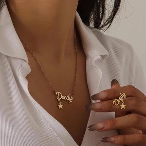 Conjunto de Collar y Pendientes con Mini Colgante Personalizado con <span class=keywords><strong>Nombre</strong></span> y Forma, con Colgante de <span class=keywords><strong>Estrella</strong></span>, Chapado en Oro, Antideslustre, para Mujer - Product Image 3