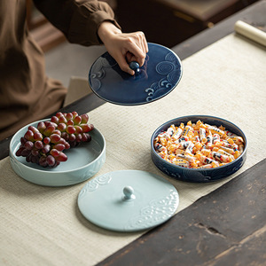 Chinese Style Porcelain Fruit Dish With Lid Round Luxury Retro Wedding Tea Party Serving Tray For Home Living Room - Product Image 1
