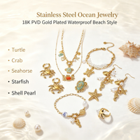 Bijoux Océaniques en Acier Inoxydable : Collier, Bracelet, Boucles d'Oreilles et Bague Tortue, Crabe, Hippocampe, Étoile de Mer, Coquillage – Étanche, Cadeau Idéal pour Femme, Plage