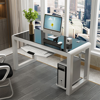 Escritorio de ordenador de vidrio templado extensible barato y moderno, escritorio de estudio y trabajo para oficina en casa con bandeja para teclado