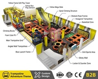 Équipement de parc de trampolines intérieur à prix d'usine, thème jaune, avec méga toboggan, escalade en spirale, trampolines hexagonales et mur d'agilité