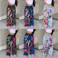 Jeans en denim Y2K en gros, style streetwear, coupe droite, imprimé pop art dessin animé, déchirés, pour femmes