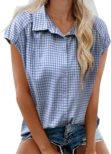 Women's Button-Down Short-Sleeved Shirt With Collar and Casual <b>Checkered</b> <b>Top</b> Fashion - Product Image 6