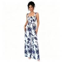 Combinaison sans manches à bretelles spaghetti imprimée et taille smockée, coupe large, pour femme, idéale pour les vacances, la plage et les tenues décontractées – Vente en gros personnalisée