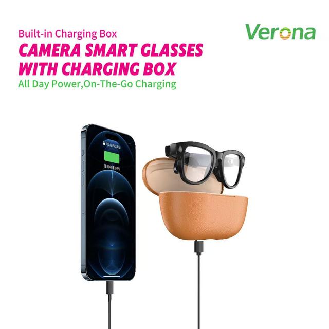 Verona AI Smart Camera Glasses Charging Case Dual Camera Voice Wake-Up Music Playback ChatGPT Integration HD Camera Glasses